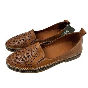 Spring Step Ingrid Women's‎ Brown Leather Cutout Floral Slip On Loafer Size 38